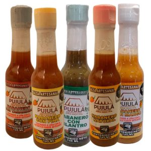 salsa artesanal pujula habanero cilantro, habanero mango, habanero natural, habanero con piña, habanero tamarindo